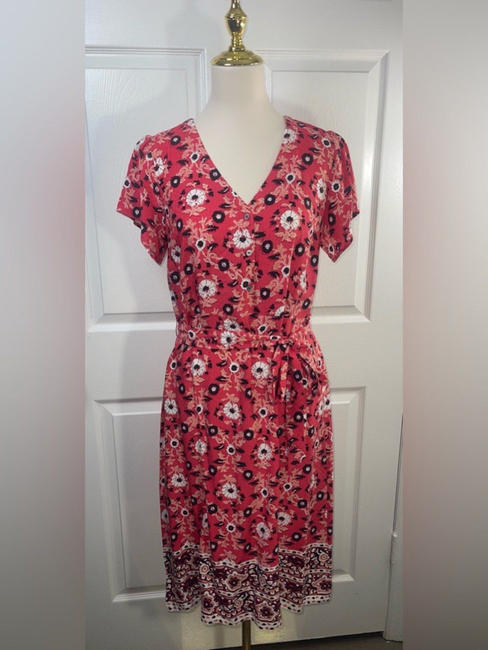 LOFT Coral Floral V-Neck Midi Dress with Tie Waist